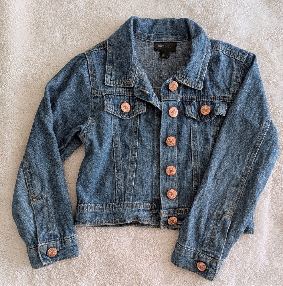 Picapino Denim Cropped Jacket with Copper Butterfly Buttons. Size 5